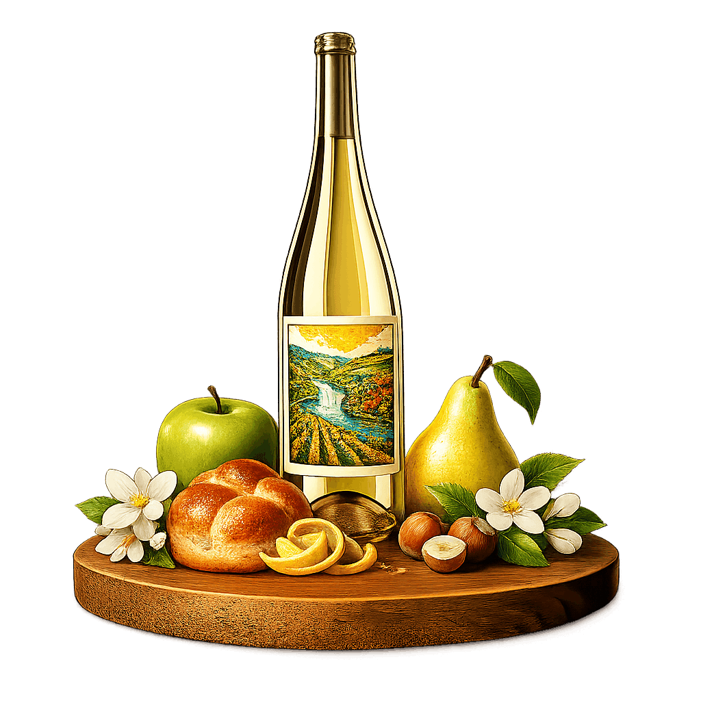 Artistic label and flavor profile for Moselle Crémant on a rustic wooden table.