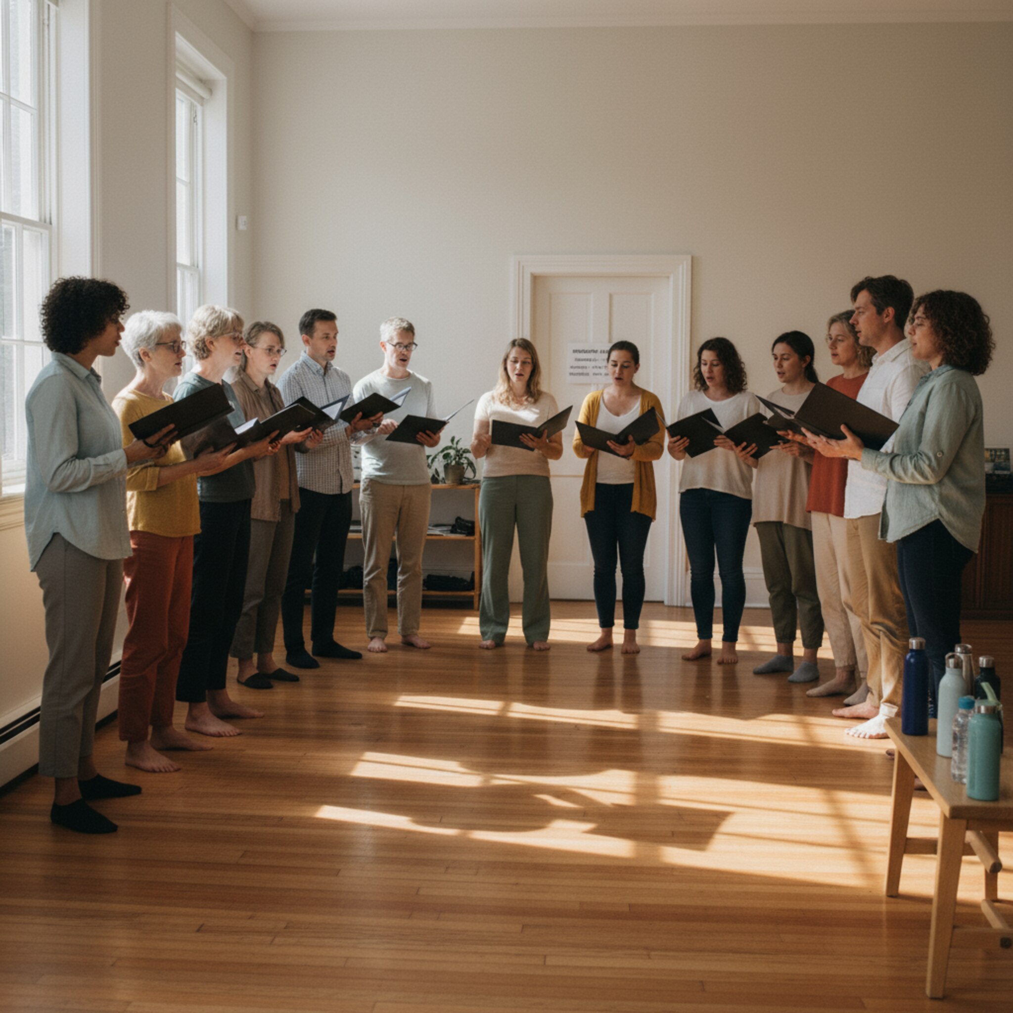 Ein Mehrzweckraum mit Holzfußboden ist für eine Probe eingerichtet. Ein Chor stellt sich in einem Halbkreis auf, Wasserflaschen stehen an der Wand. Sonnenlicht fällt durch hohe Fenster. Ein schlichtes Schild neben der Tür zeigt die geplanten Zeitfenster des Tages.