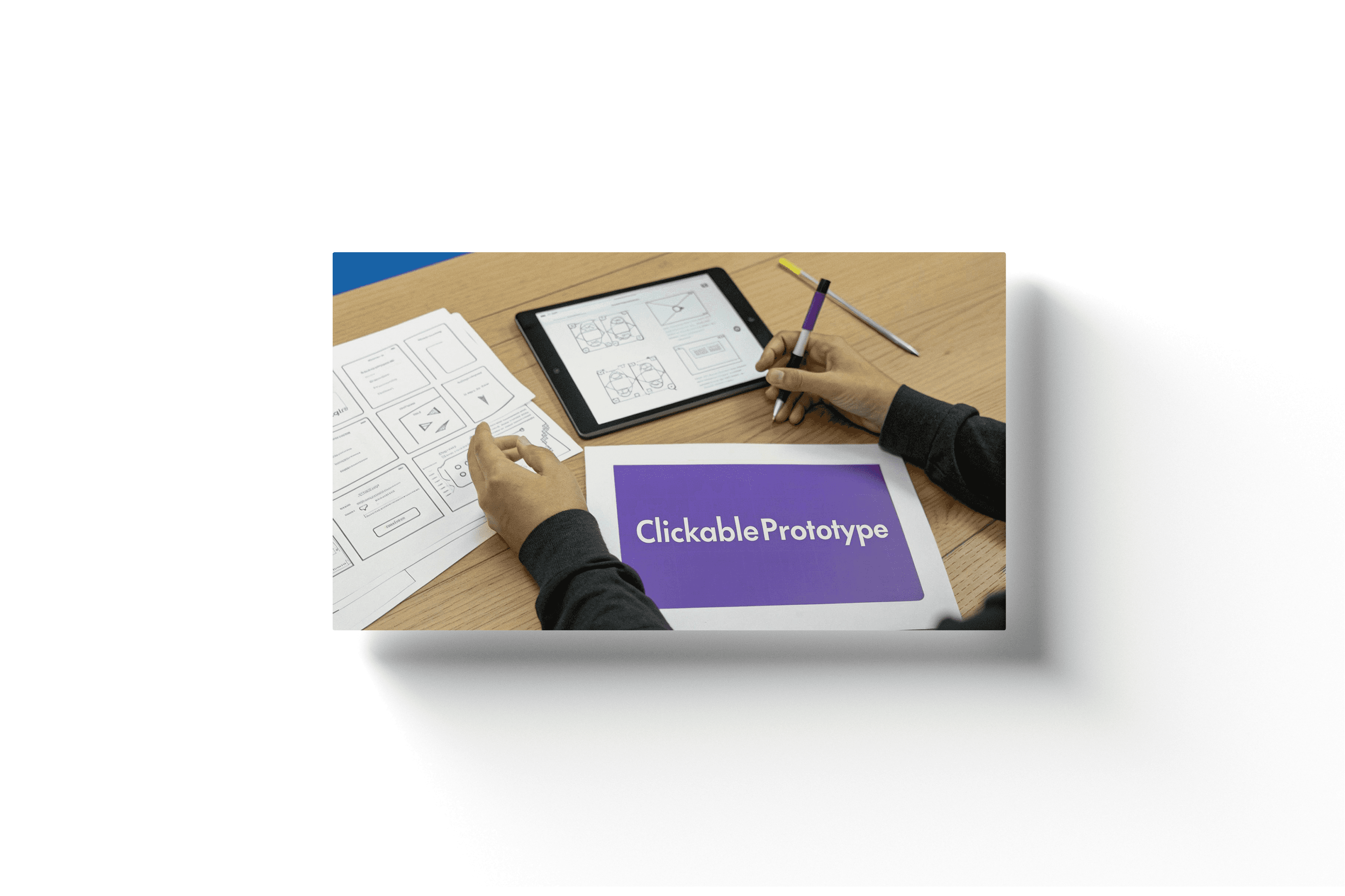 a set of hands and a purple card on a wooden desk with the text 'clickable prototype'