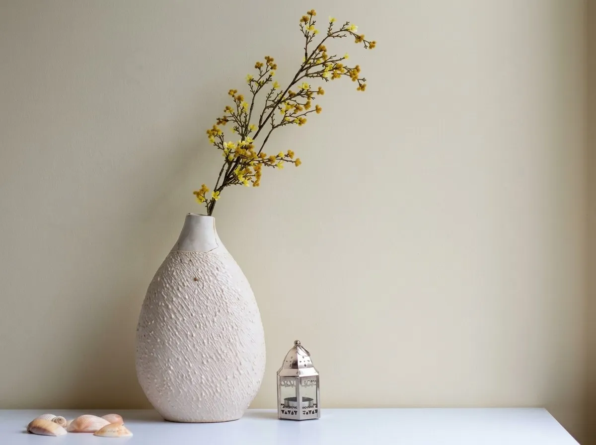 A minimalist vase holds a single branch with yellow flowers, set against a neutral wall and surface.