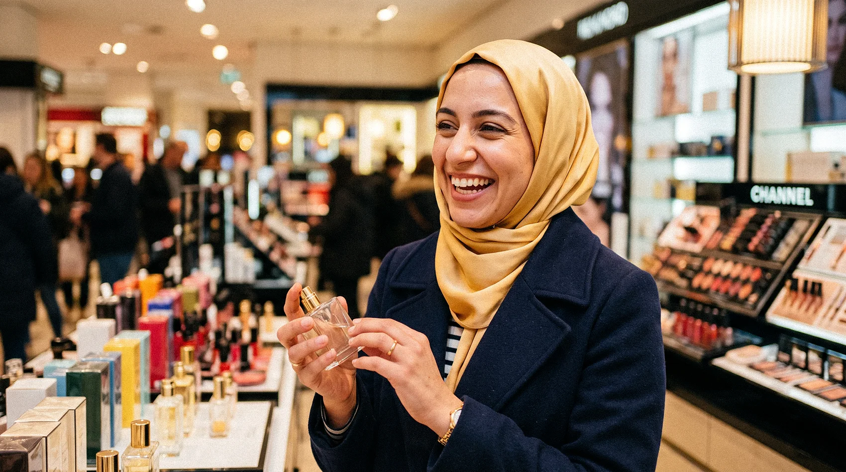 Woman in hijab smiling holding luxury perfume bottle at Chanel makeup counter in busy department store - halal beauty
