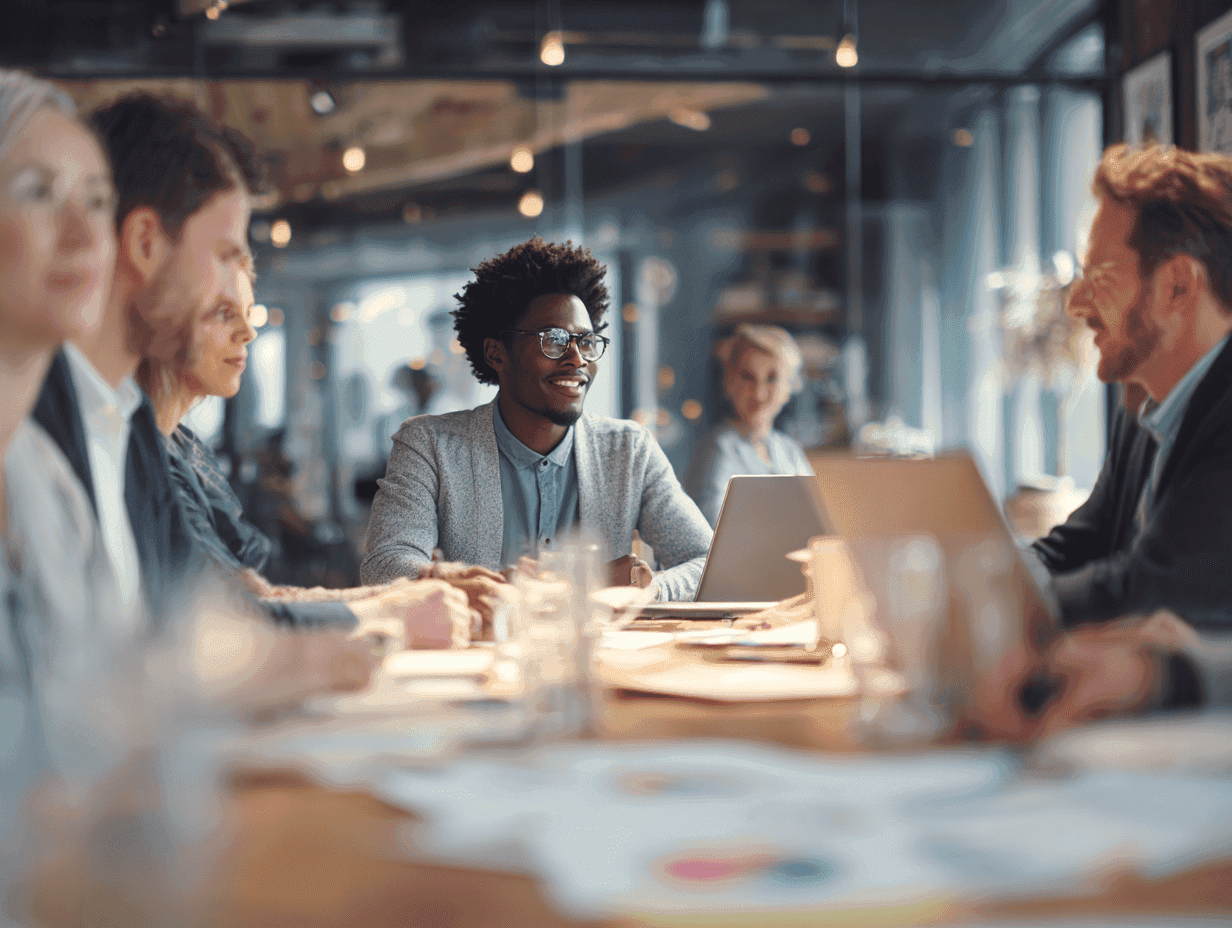 professional scene of diverse business leaders collaborating around a table