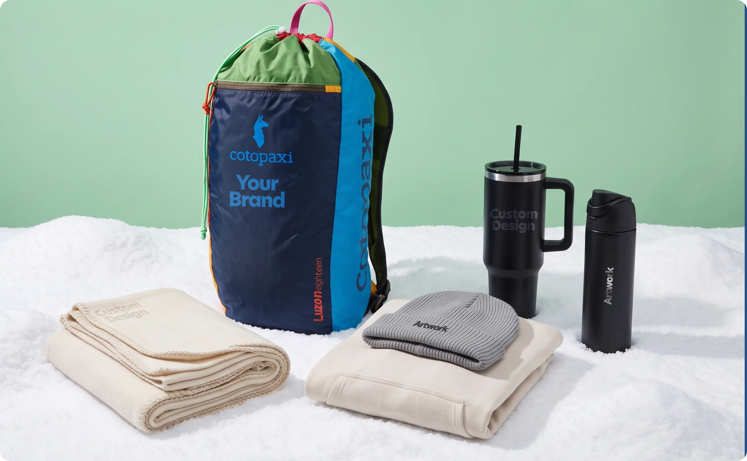 A bag, a towel, an apparel, beanie, and a drinkware.