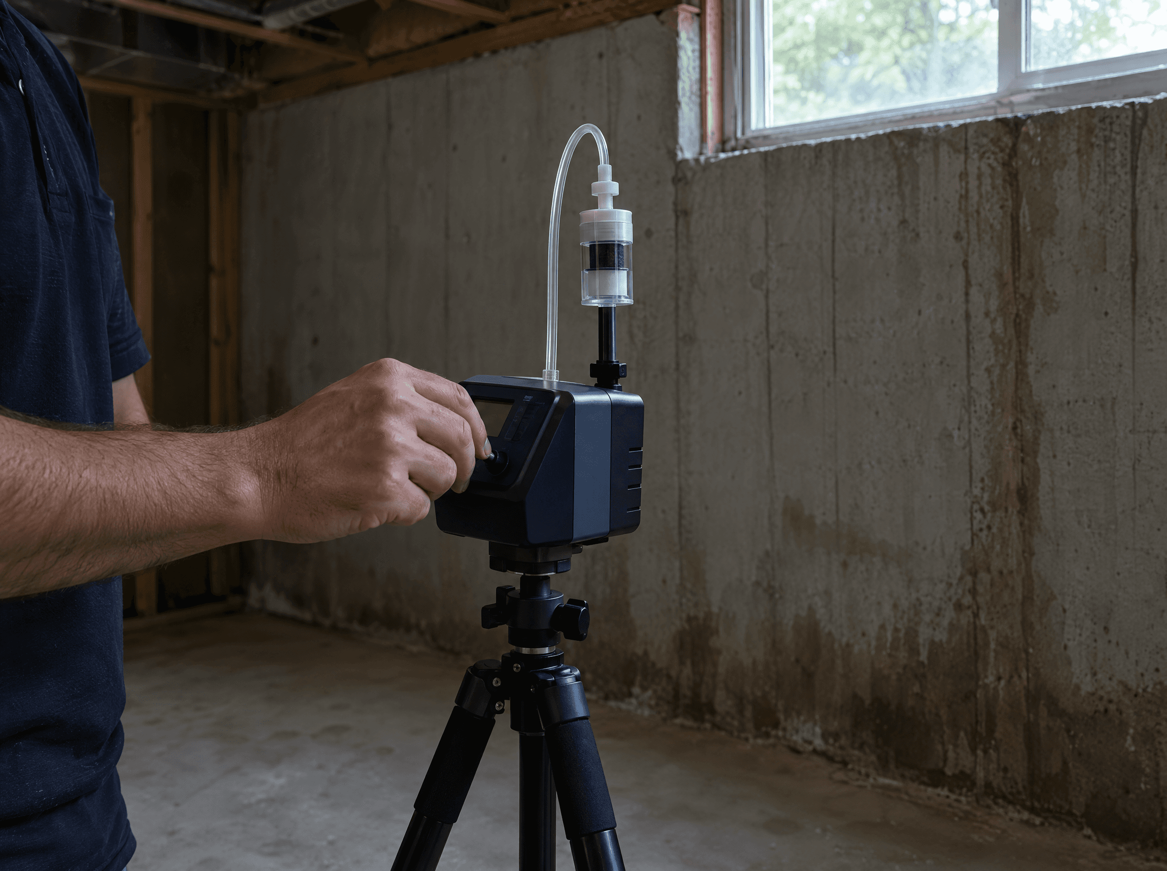 Air sampling pump set up in a basement for mold testing