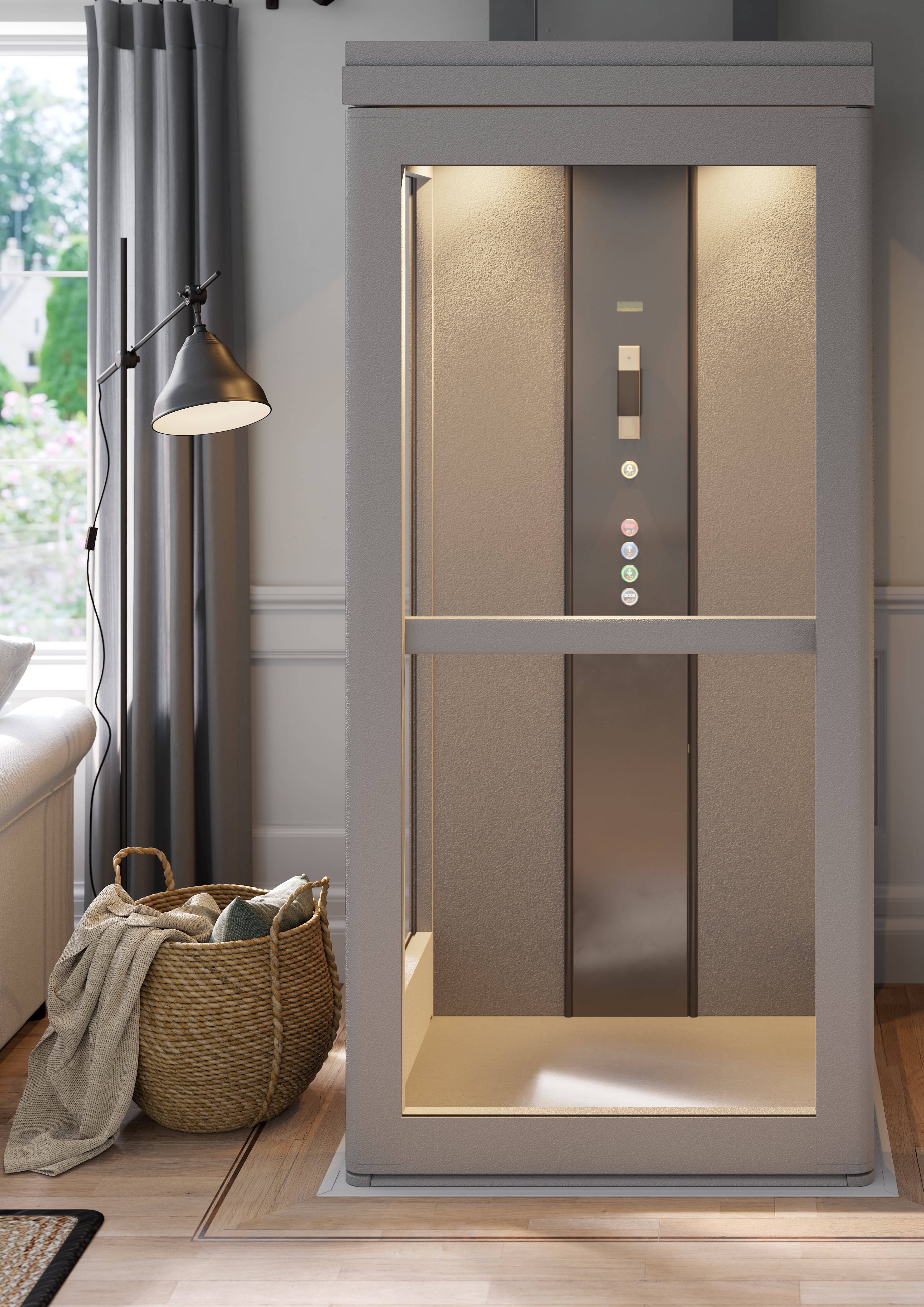 Pollock Residential Elevator enclosed home lift in grey with illuminated interior, installed in a residential living room showing the full cabin and control panel