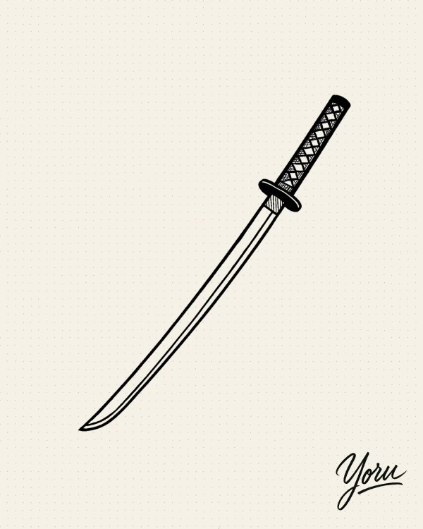 Diseño de tatuaje de una espada japonesa katana, con detalles en la empuñadura y hoja curvada.
