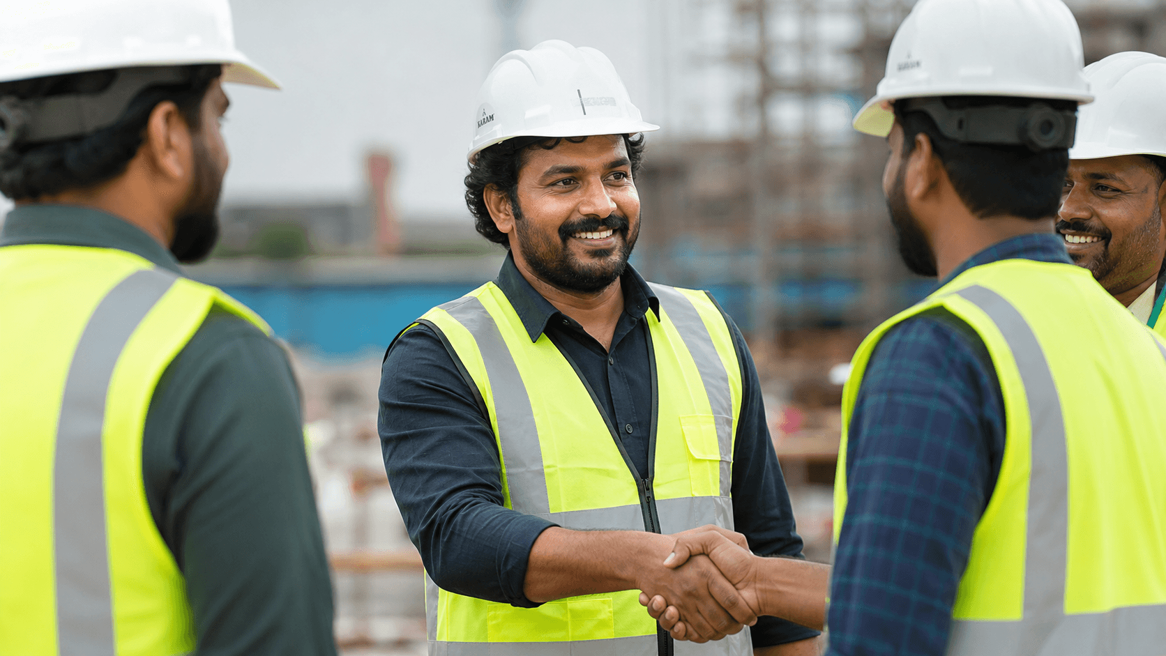 Four electricians are smiling and shaking hands.