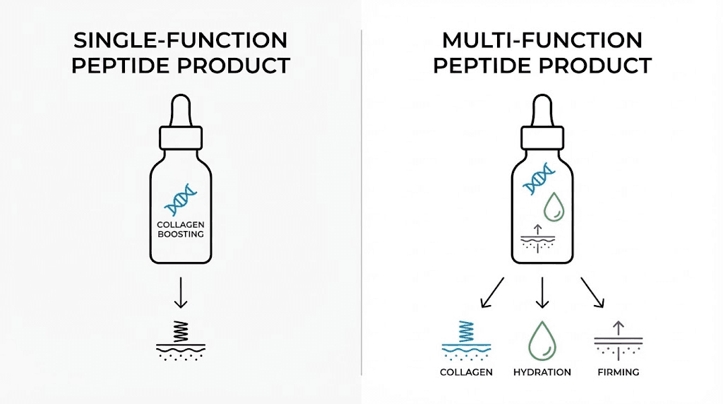Allies of Skin multi-peptide formula comparison showing 13 brighteners, 9 antioxidants, and 7 peptides