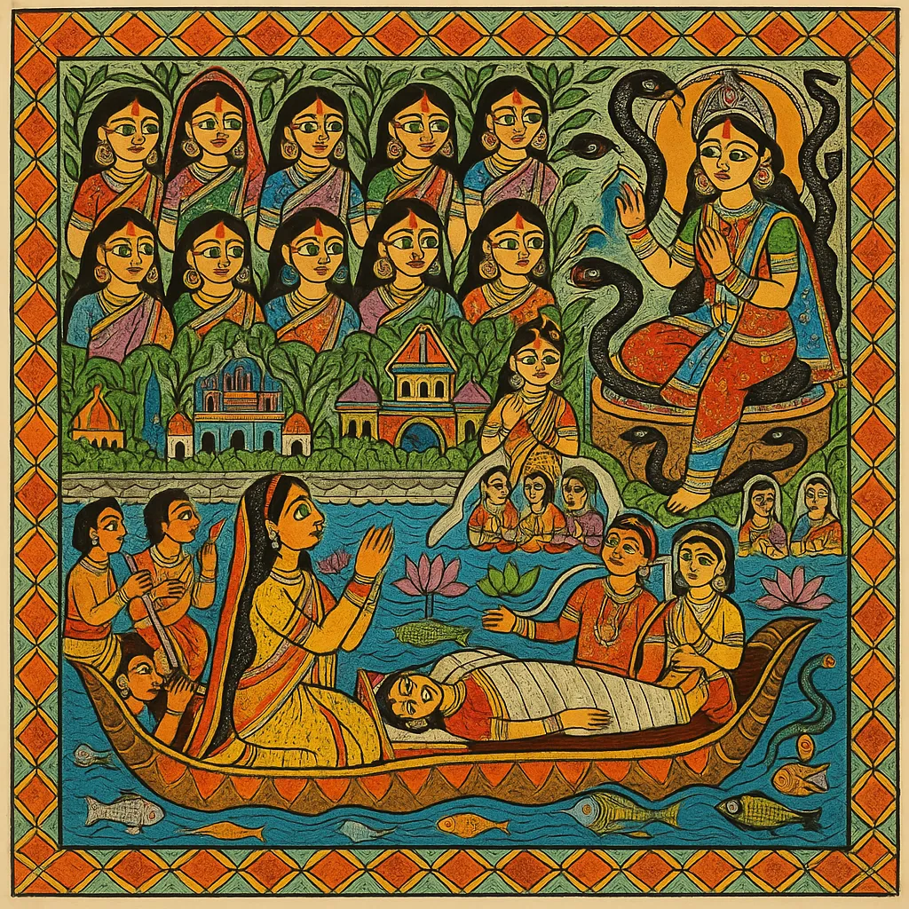 Bihula in the boat with her husband's body, bishhari