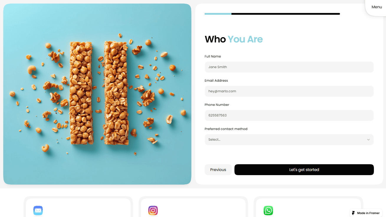 Contact or sign-up section with a form alongside an image of protein bars on a blue background.