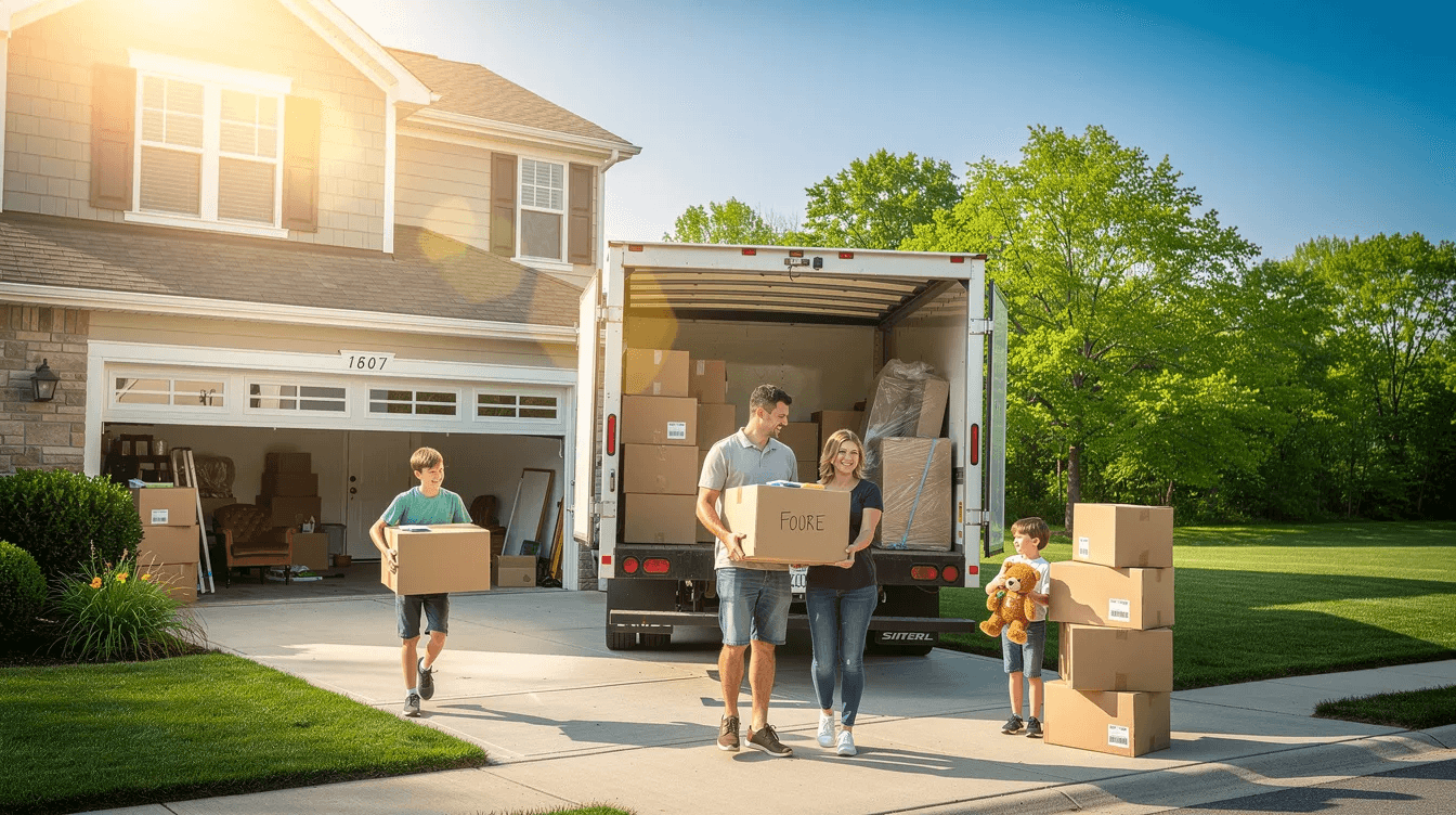 A family is seen loading boxes into a moving truck parked in front of their suburban house on a sunny day, preparing for their relocation to a new residence. This move may help them establish domicile in a state with lower tax rates, potentially reducing their tax liability and simplifying their state income tax returns.
