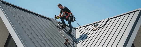 Roofer installing a standing seam metal roof with safety harness