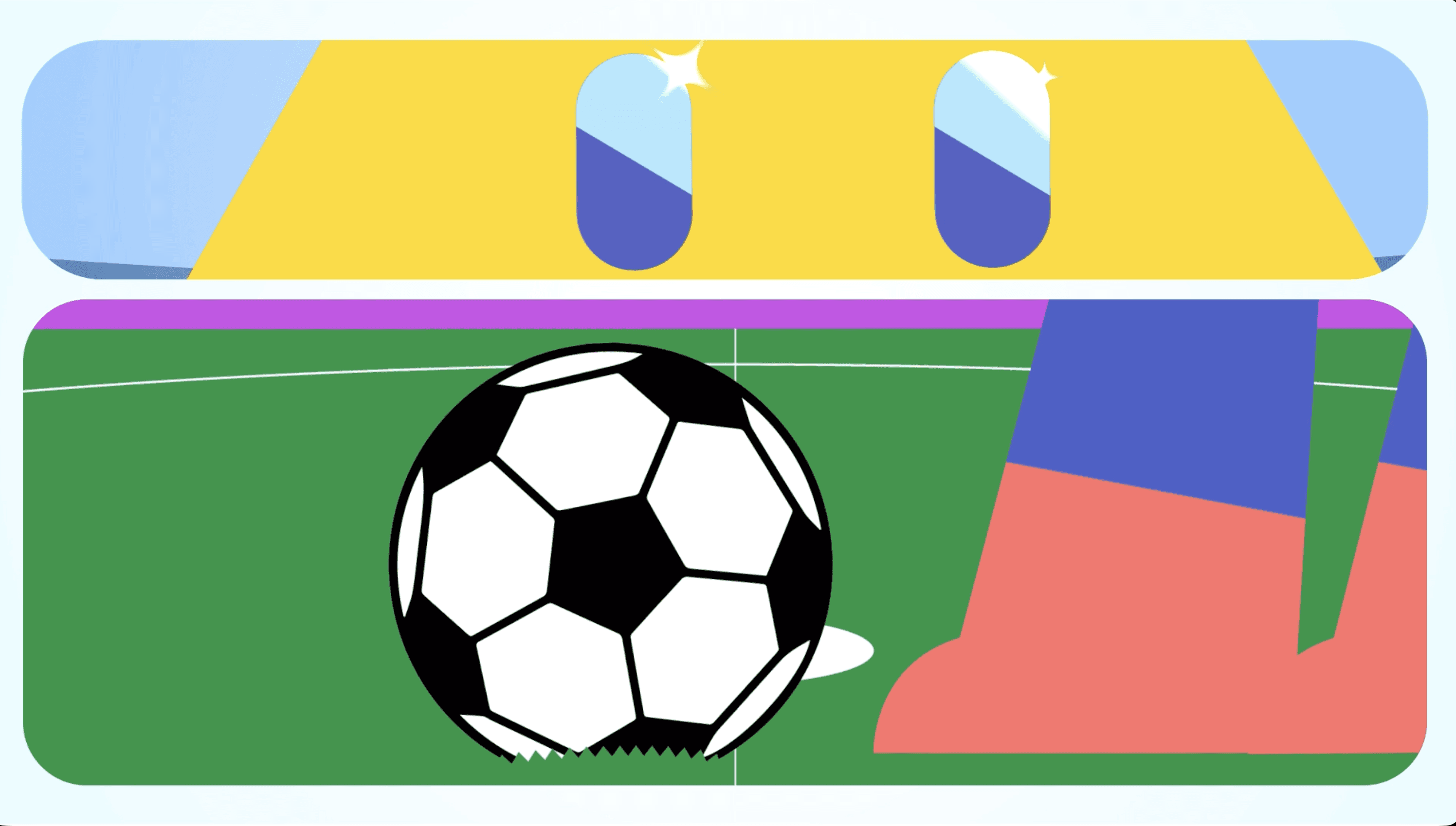 A soccer ball rests on the field while a person stands beside it, ready to play.