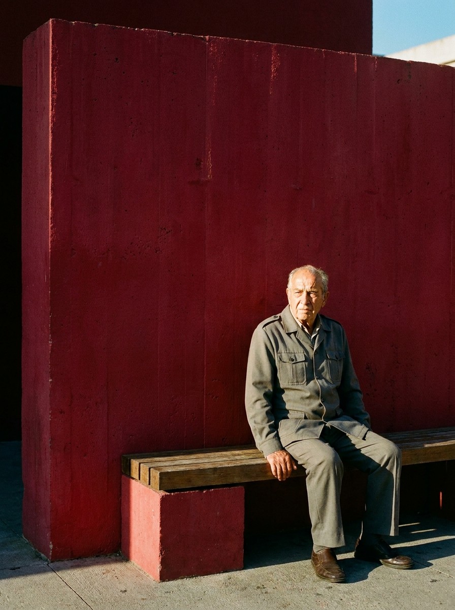 Environmental street portrait of an older man resting on a wooden bench against a striking, brightly lit solid red wall in natural sunlight.