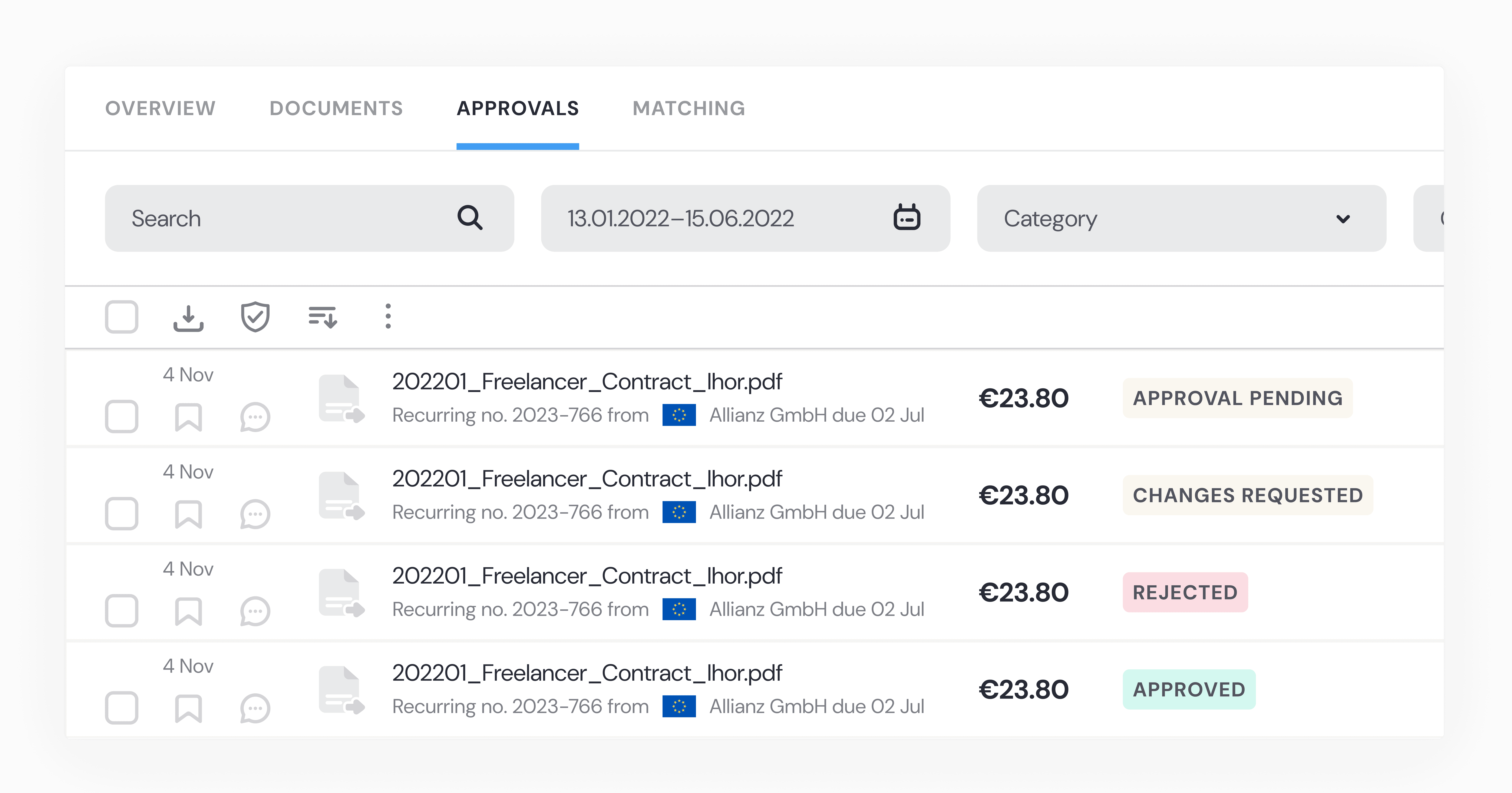 Before and after: separate Approvals tab with 4 status types consolidated into Documents tab with approval status as filter - Verified/approved, Overdue/declined, Viewed/approval pending