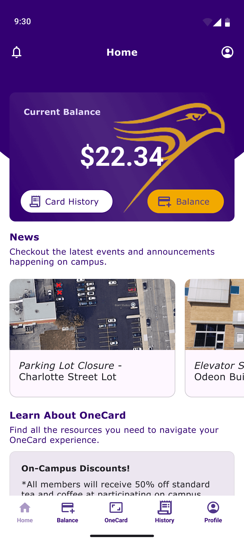 High-fidelity design of a dashboard displaying the user's current account balance, a list of recently accessed locations, and a section for important updates, all presented in a visually organized layout.