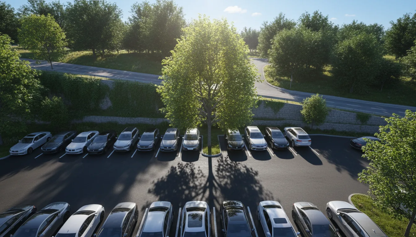 3D render, architectural visualization in the style of Twinmotion 2025.1. A high-angle view of a modern outdoor parking lot filled with various high-poly cars. The scene is lit by bright, direct midday sunlight, creating sharp, high-contrast, detailed shadows from trees cast across the dark asphalt. A central tree with vibrant, slightly translucent green leaves is a key focal point. In the background, a road, a stone retaining wall, and other foliage are visible under a clear, bright sky. Photorealistic materials, crisp focus, Unreal Engine 5 rendering quality.