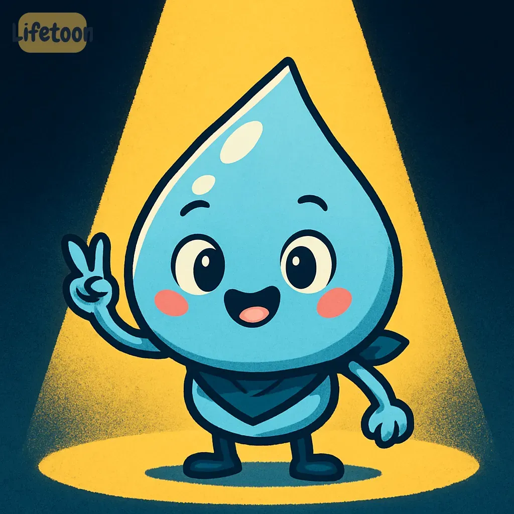 Visual of a friendly water droplet character used to personify scientific concepts in story-driven learning. This type of character helps students understand processes like the water cycle through visual storytelling.