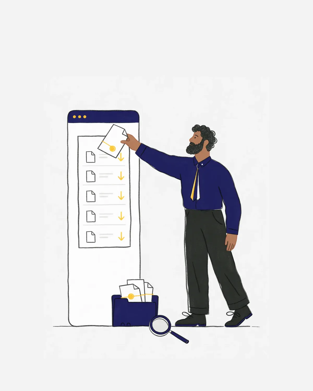 Ilustração: página de transparência com lista de documentos para baixar e um homem acrescentando mais um