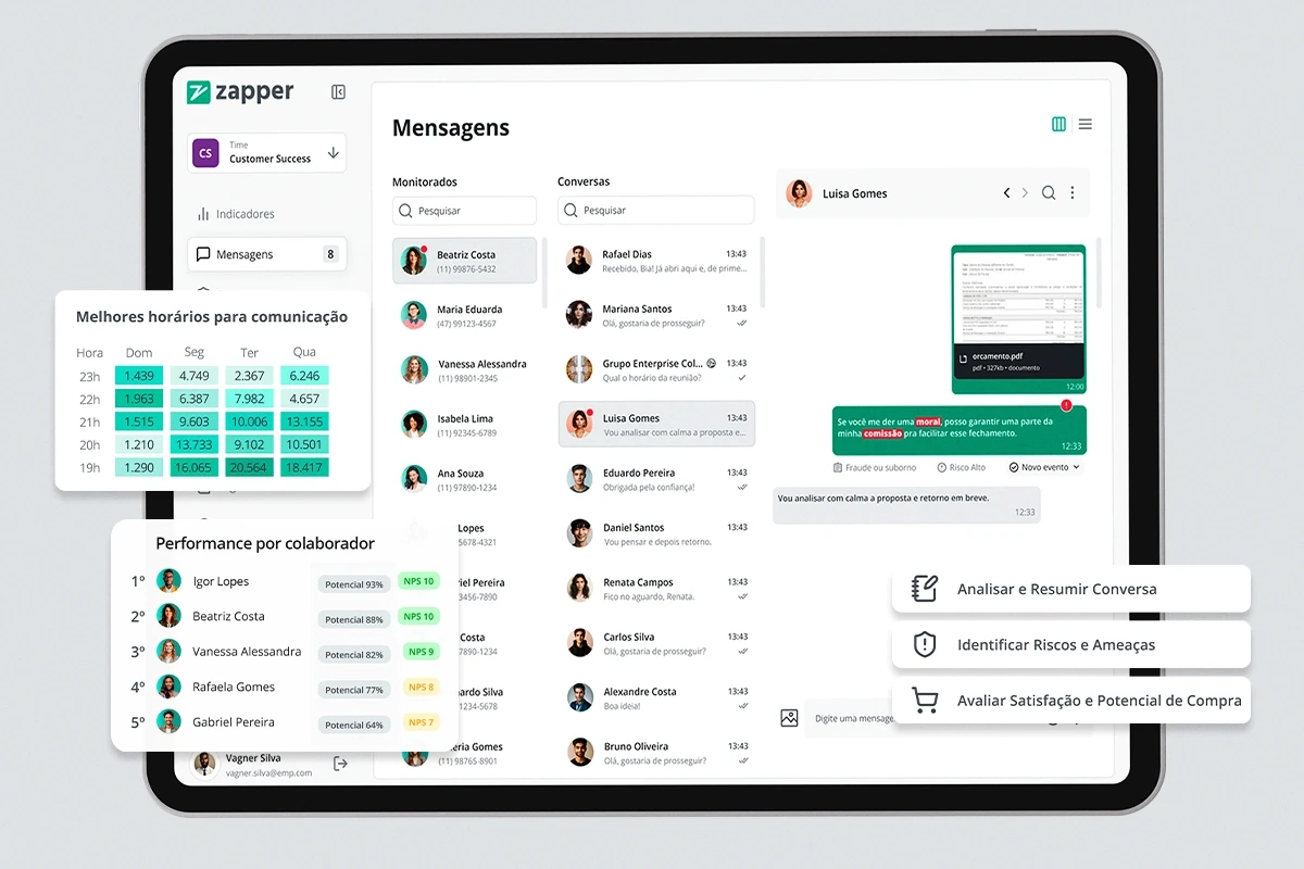 Tablet com a tela de mensagens de Zapper e abas com funcionalidades da ferramenta