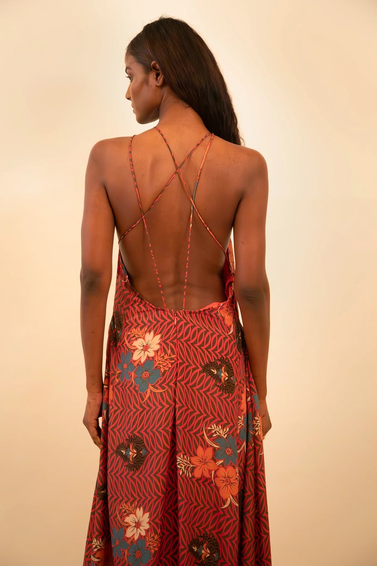 Rust printed silk halter neck backless dress handcrafted from a vintage sari, featuring a delicate lace-up back and versatile fit.
