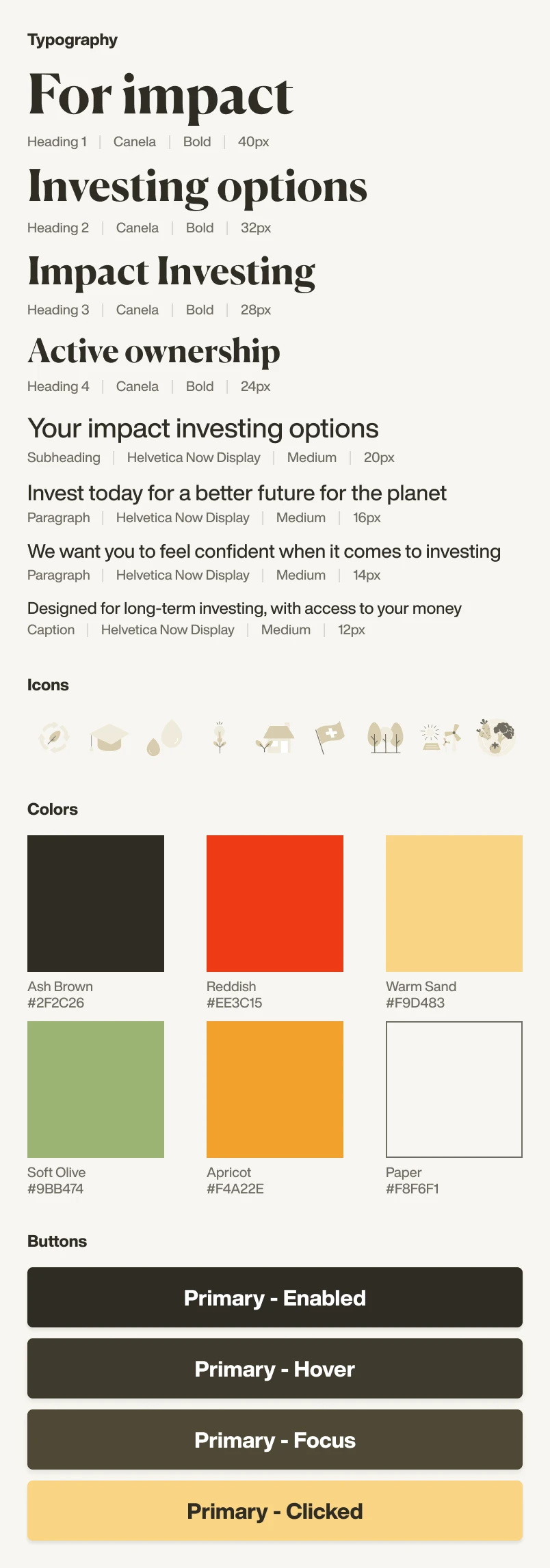 Snapshot of the website design system illustrating typography, color usage, icons, and UI components across states.