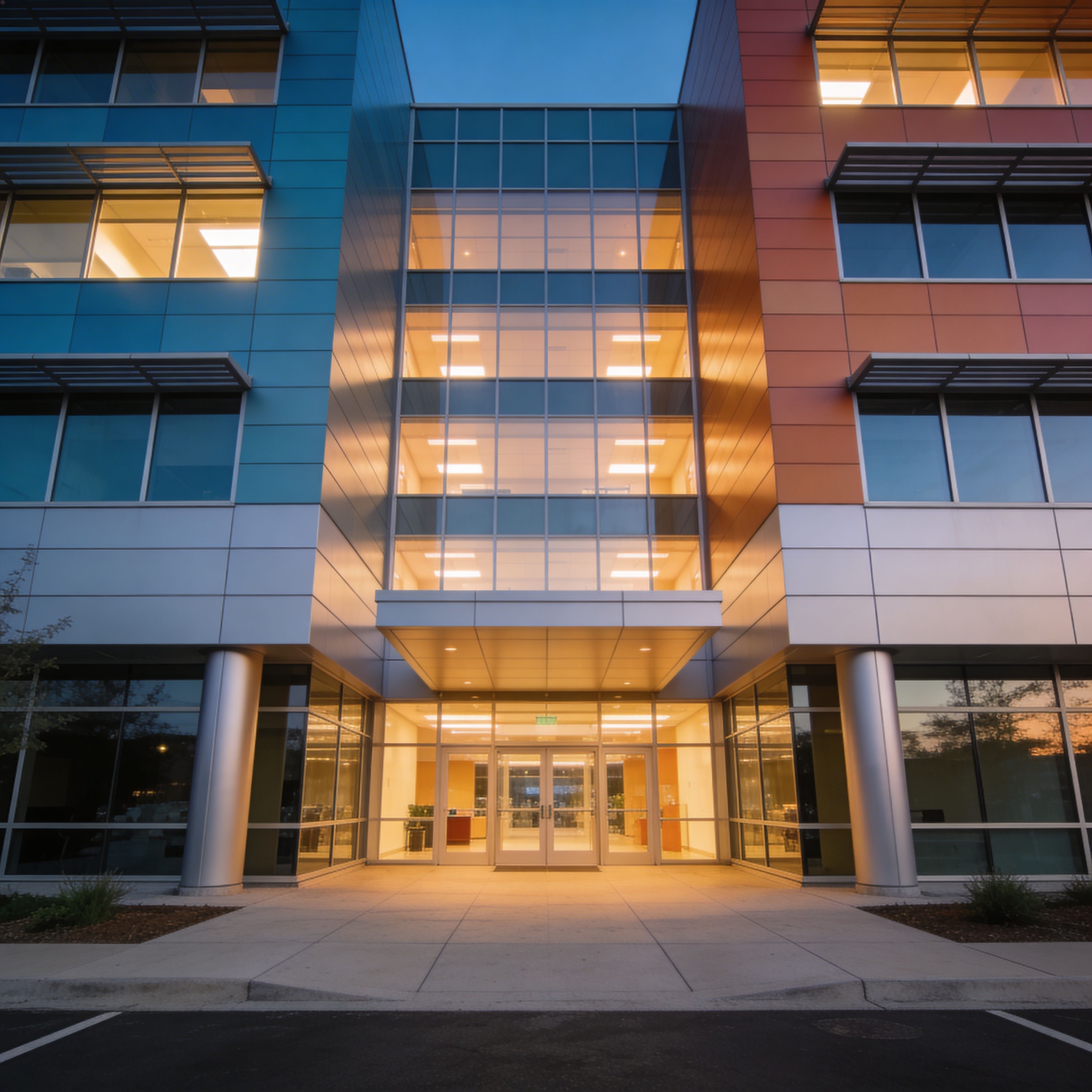 Modern commercial office building exterior with glass facade and illuminated interiors at dusk