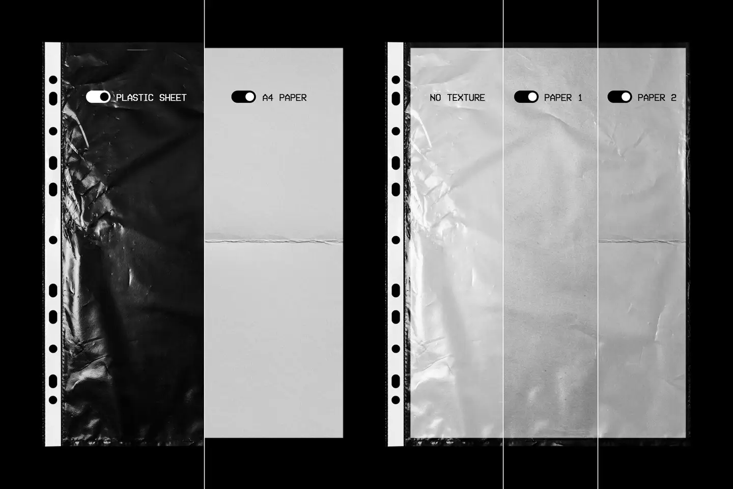 Plastic Sheet Overlay Mockup showing toggle options for plastic sheets and two different paper texture choices
