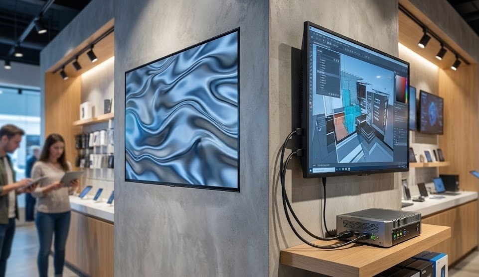 Comparação lado a lado de dois ecrãs digitais numa loja moderna: o da esquerda é uma unidade SoC integrada sem fios visíveis a exibir vídeo 4K, enquanto o da direita liga-se por cabos grossos a um mini-PC industrial numa prateleira inferior, exibindo gráficos 3D complexos.