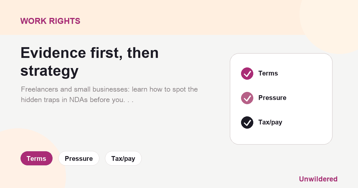 Explainer card for Why That “Standard” NDA Isn’t as Safe as You Think: Real Risks for UK Freelancers and Small Businesses: Terms, Pressure, Tax/pay.