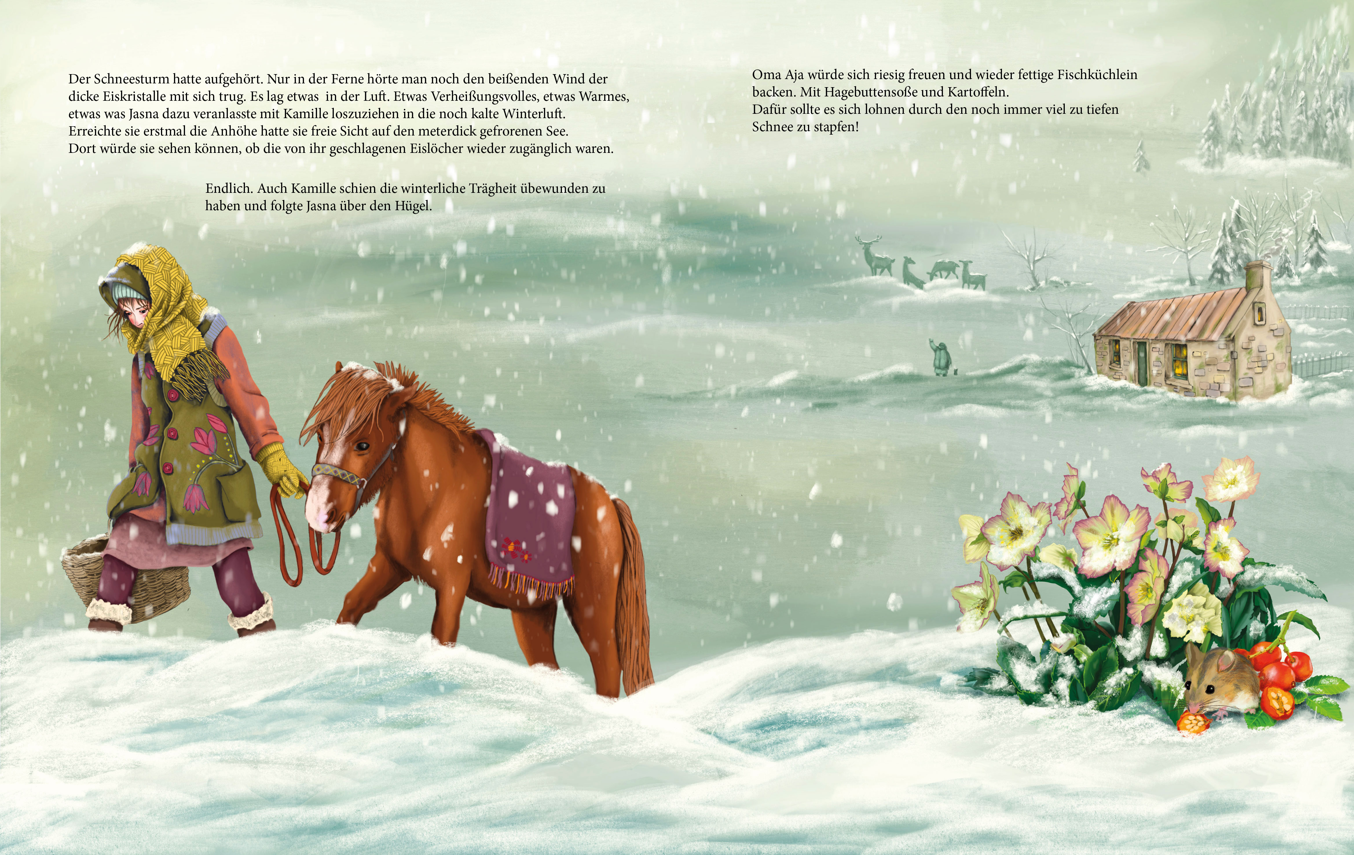 Ein Mädchen stapft mit ihrem Pony durch den Schnee.