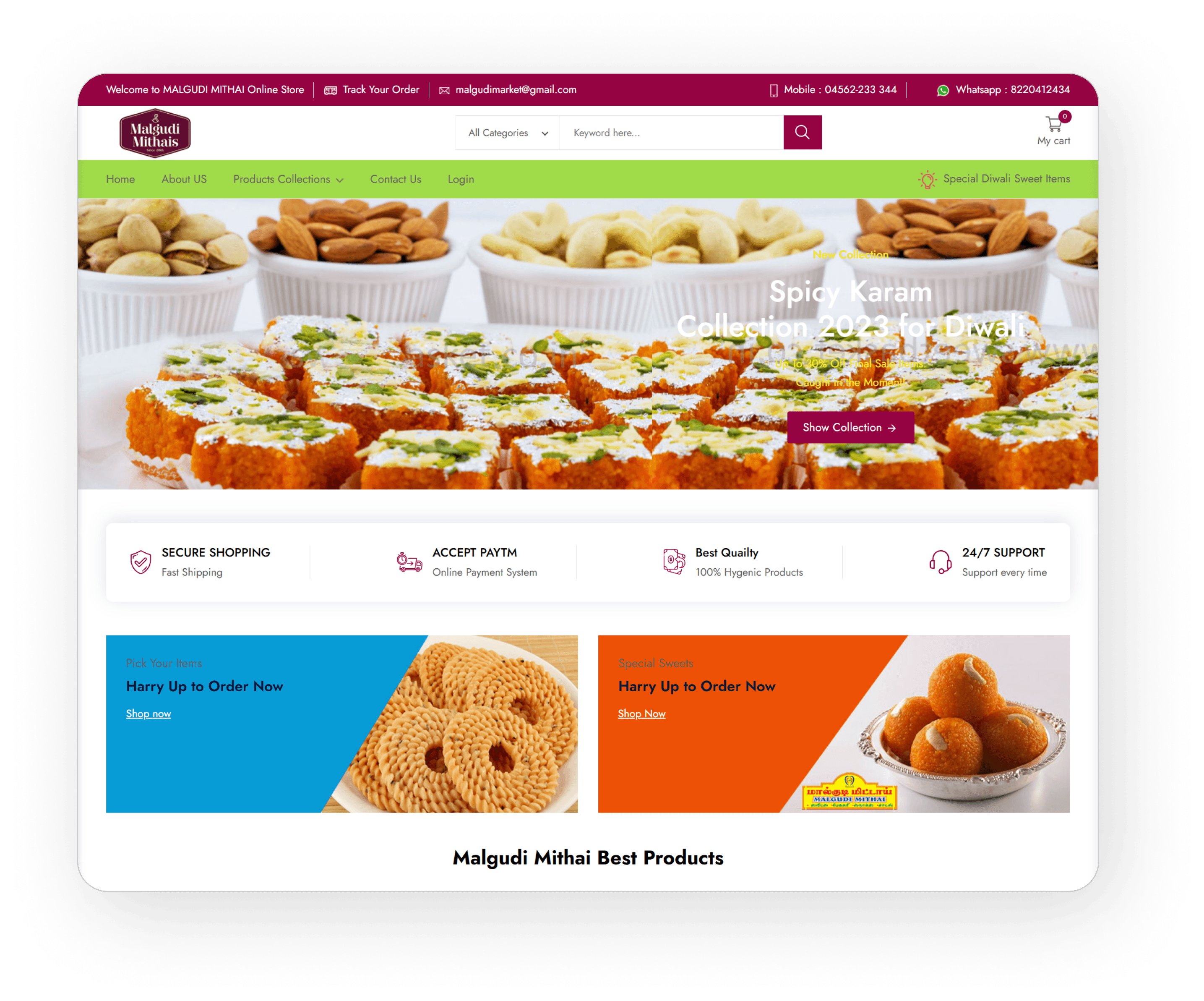 Malgudi Mithai online sweet store homepage showcasing traditional Indian sweets, special Diwali sweet items, secure shopping options, and exclusive product collections.