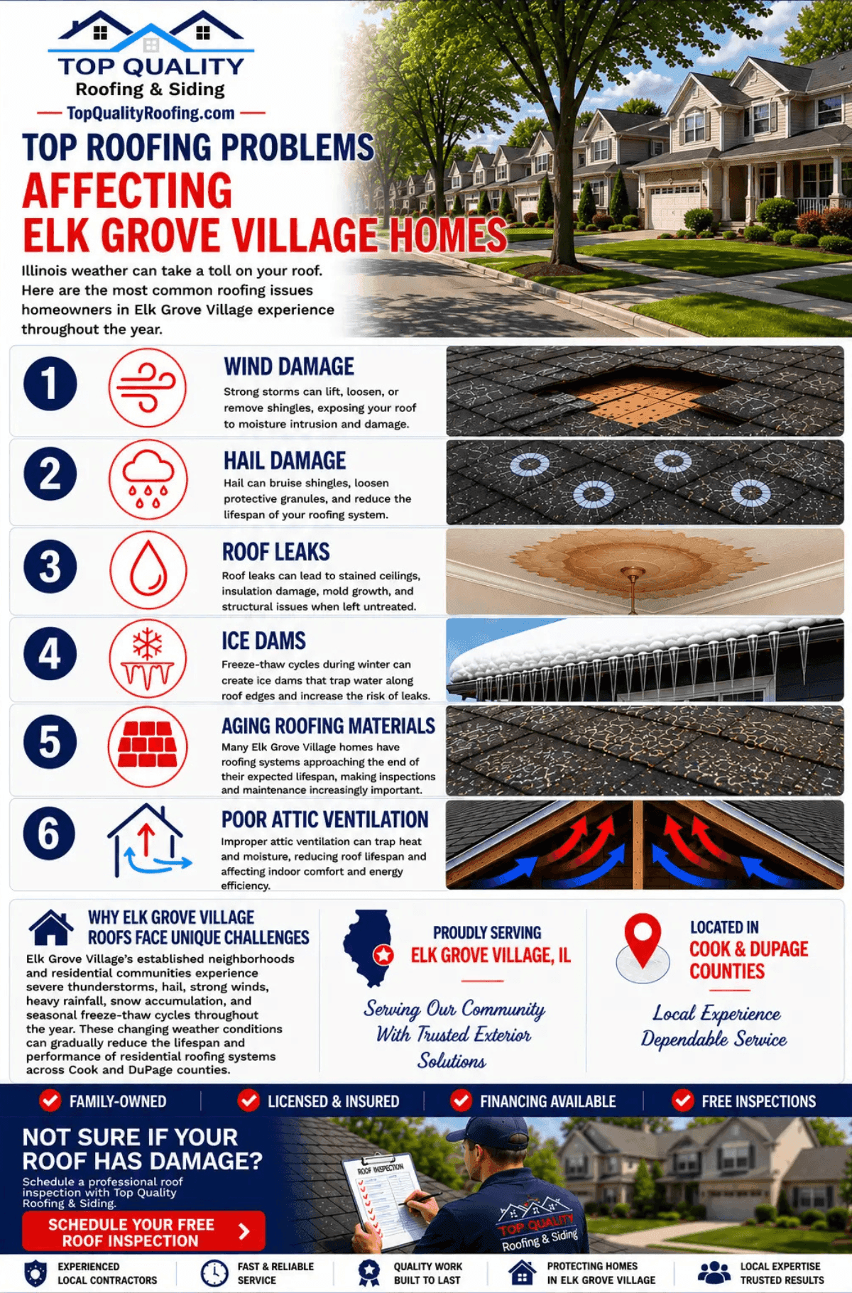 Infographic showing common roofing problems affecting Warrenville homes including wind damage hail damage roof leaks ice dams aging roofing materials and poor attic ventilation