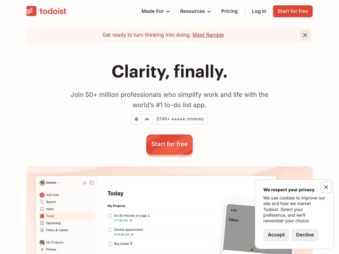 Todoist homepage with "Start for free" button and task list preview.