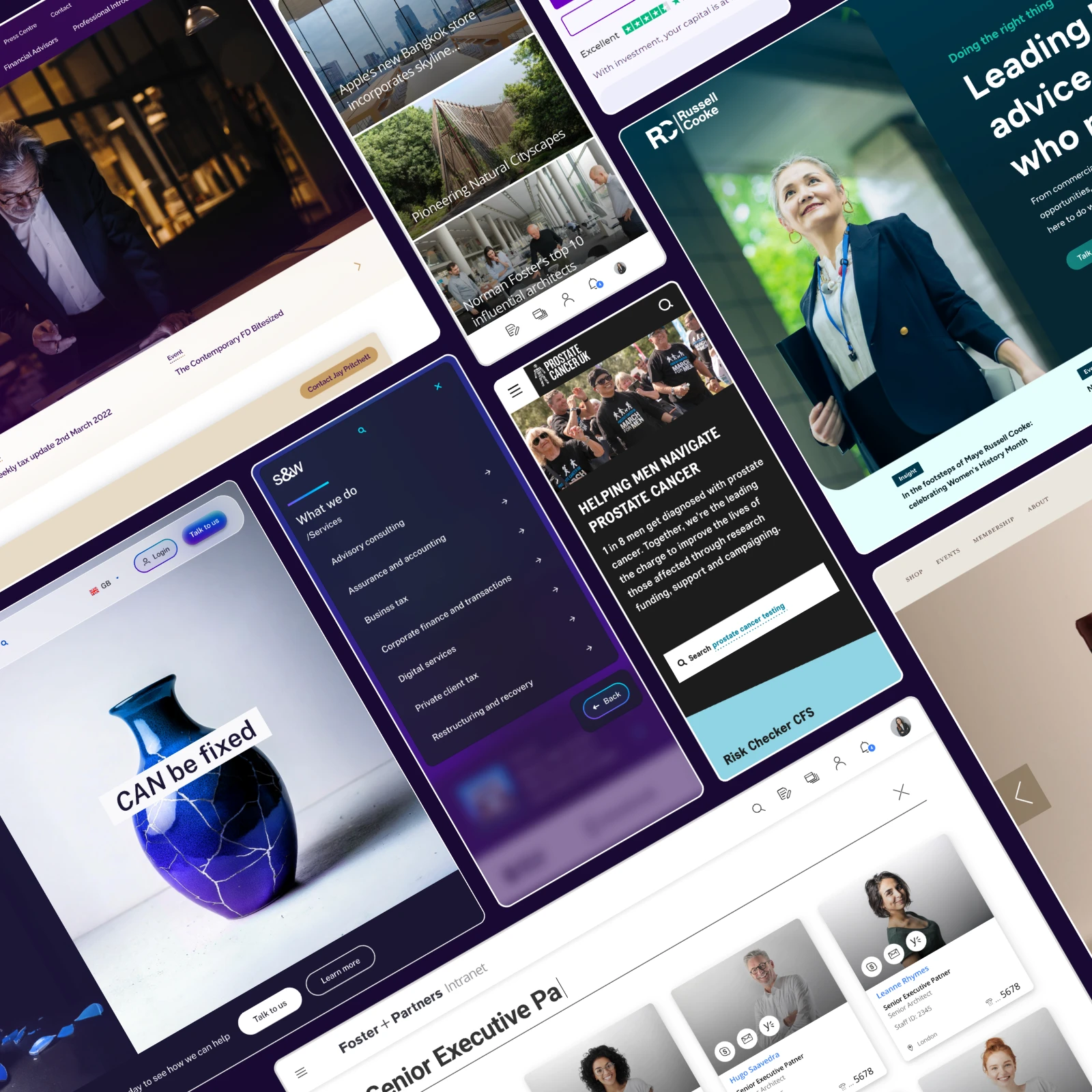 Cogworks client website projects including Russell-Cooke, Prostate Cancer UK and Foster + Partners
