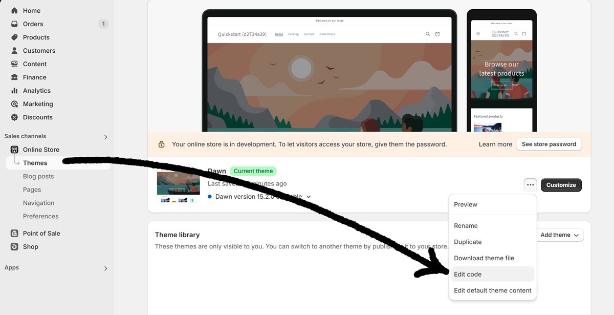 Shopify theme settings with an arrow pointing to the “Edit code” option inside the theme actions menu.