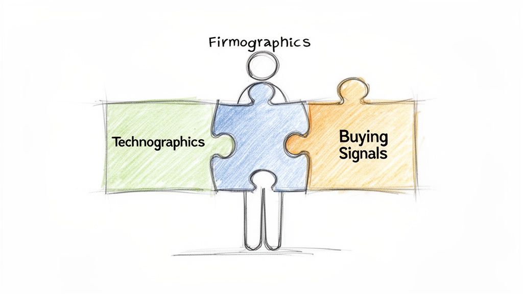A hand-drawn image showing Technographics, Firmographics, and Buying Signals as puzzle pieces forming a person.