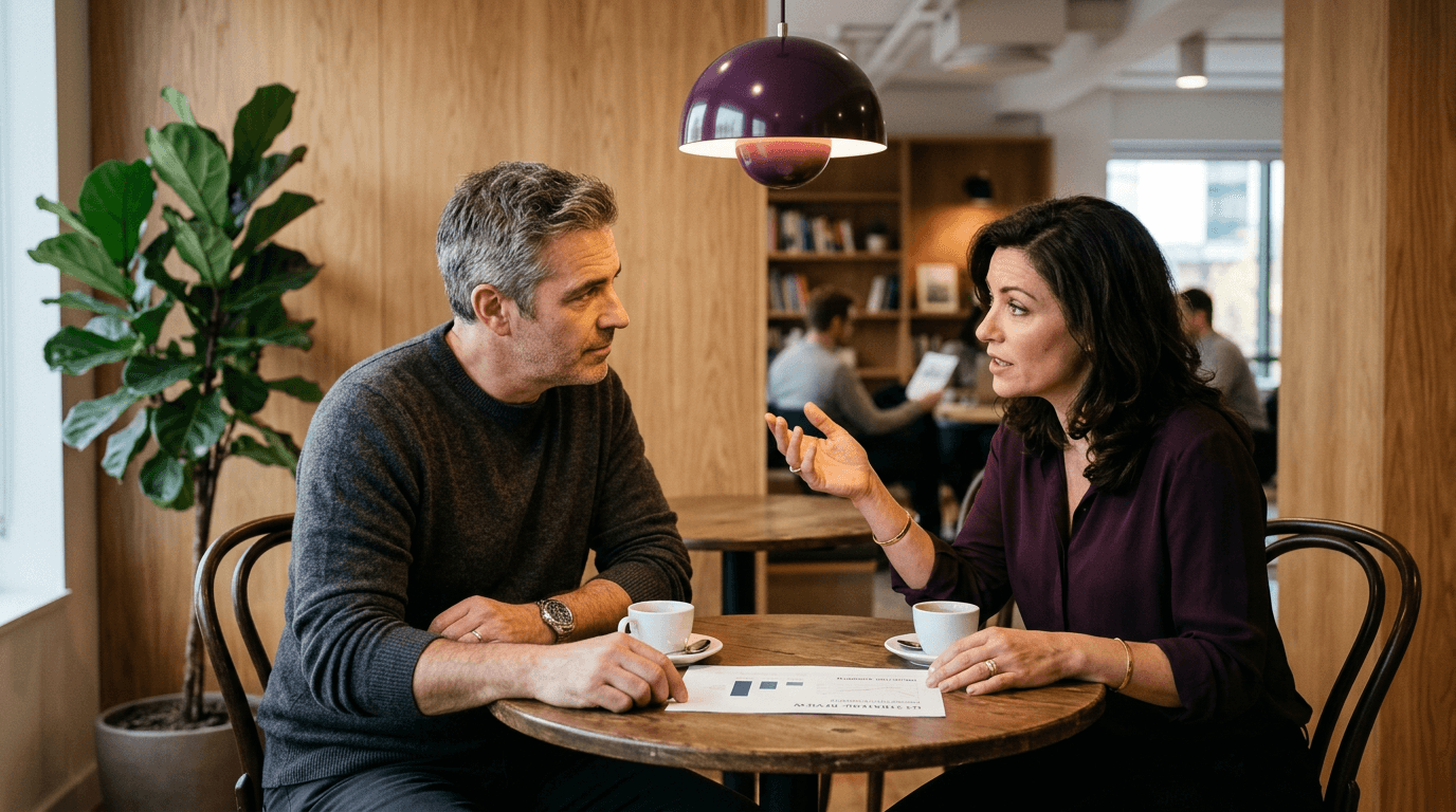 Two senior communications professionals discussing media intelligence findings over coffee in a quiet office breakout space