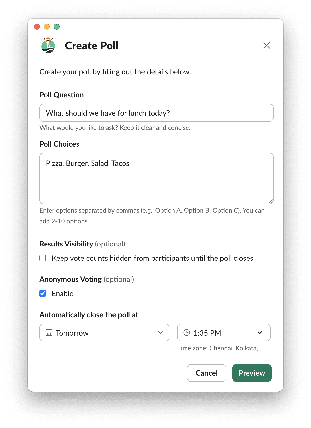 Slack app window for Poll creation interface for lunch options with choices for Pizza, Burger, Salad, Tacos