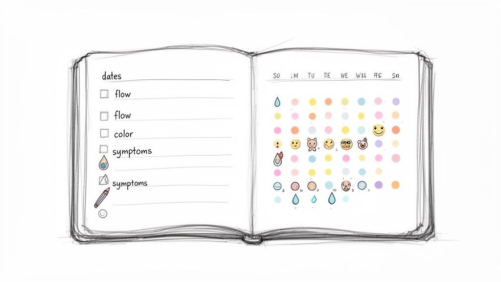 A sketch of an open journal illustrating a menstrual cycle tracker with color-coded days, emojis, and flow symbols.