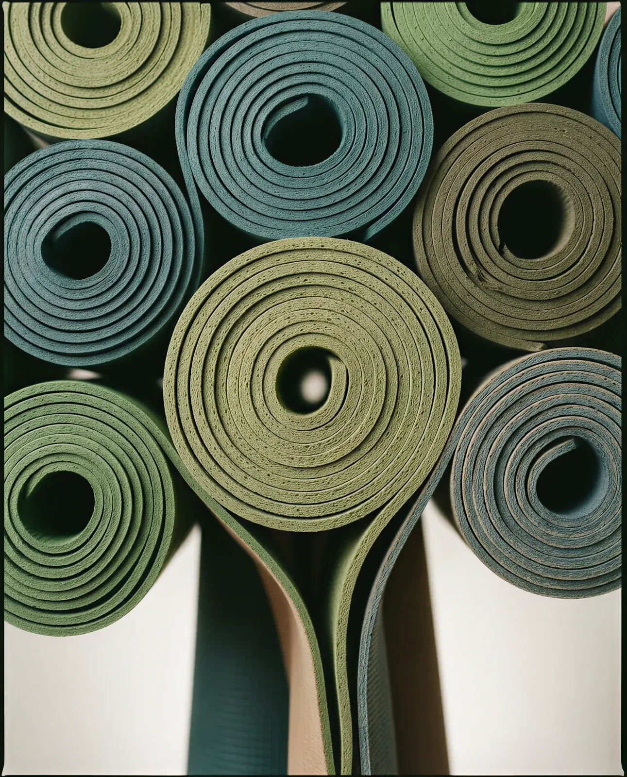 Rolled yoga mats in green and grey