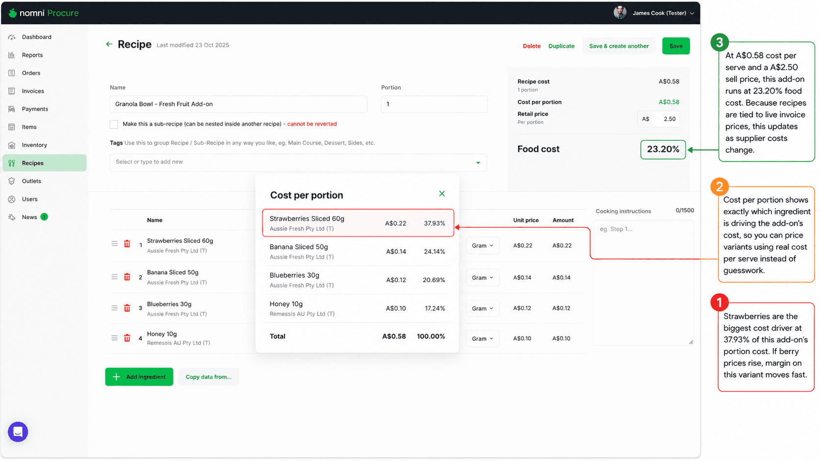 Recipe view on Nomni Procure showing Cost per portion breakdown