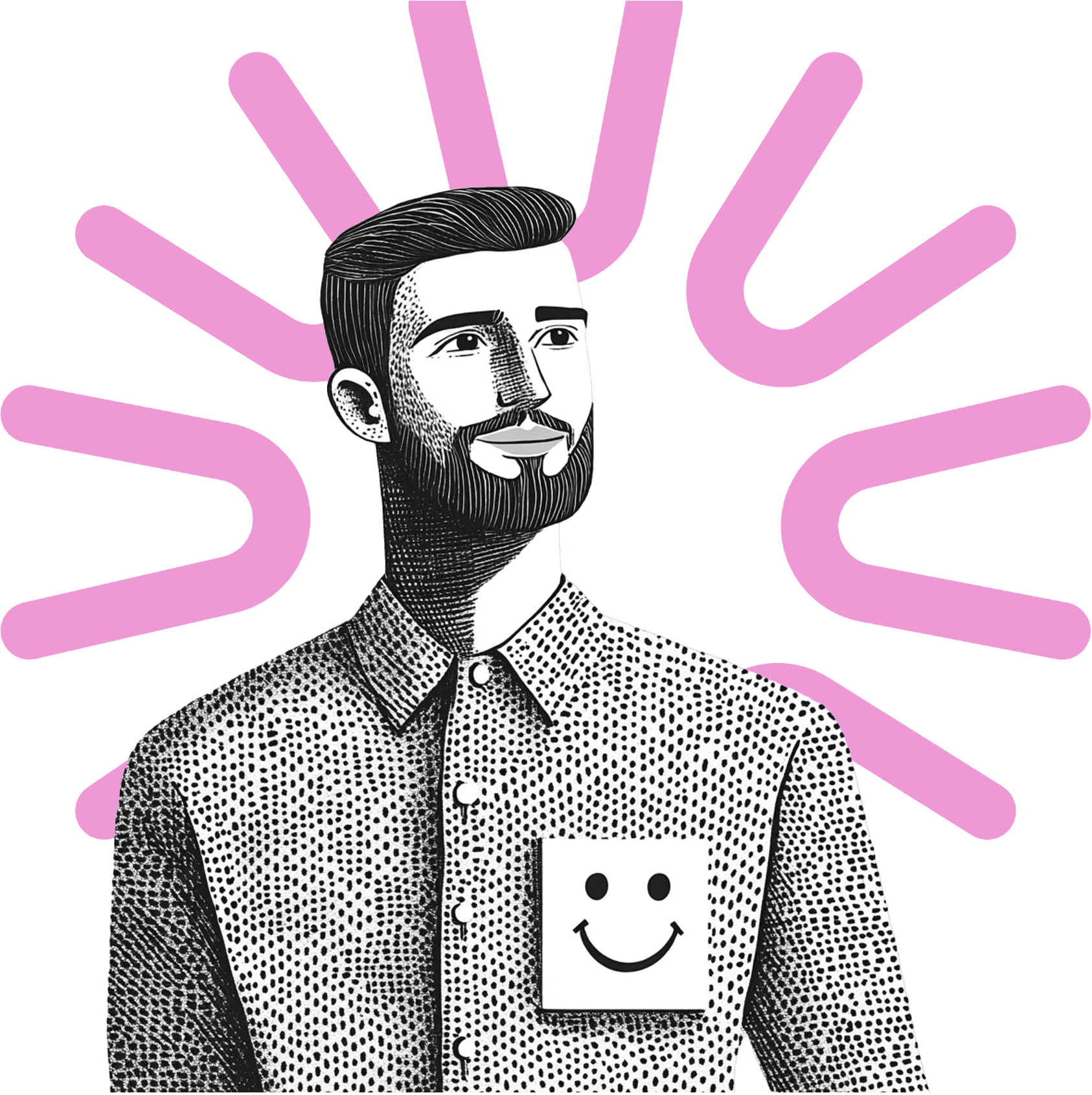 Illustration d'un homme souriant avec une barbe, un motif sur sa chemise et un smiley sur sa poche.