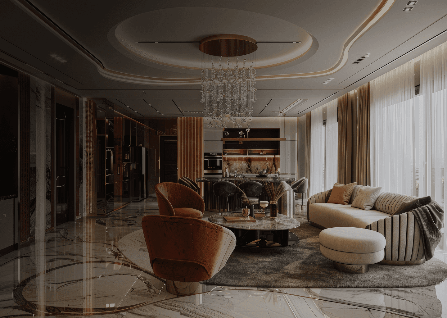 Modern curved staircase with warm ambient lighting