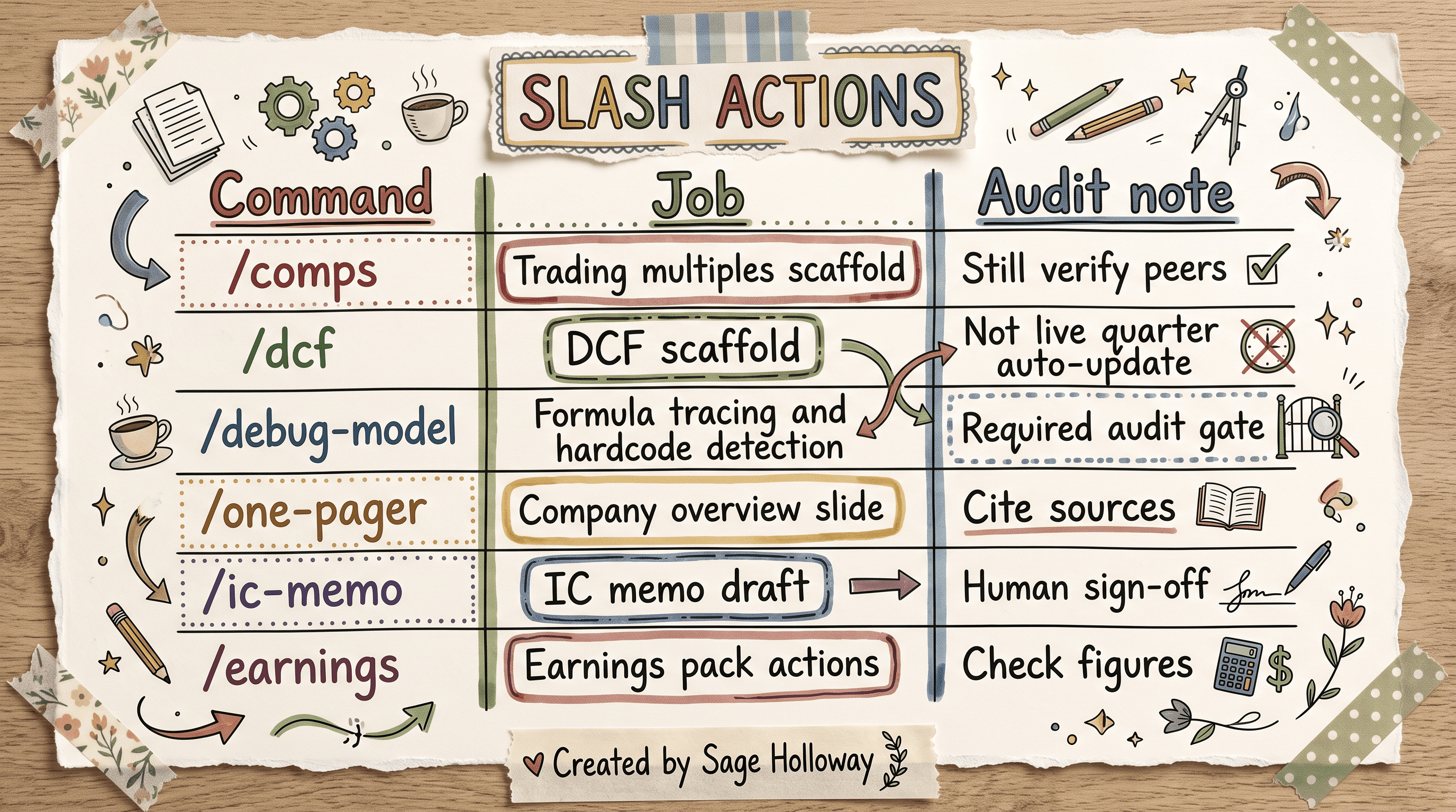 Table of Claude finance slash commands for comps, DCF, debug, memos, and earnings