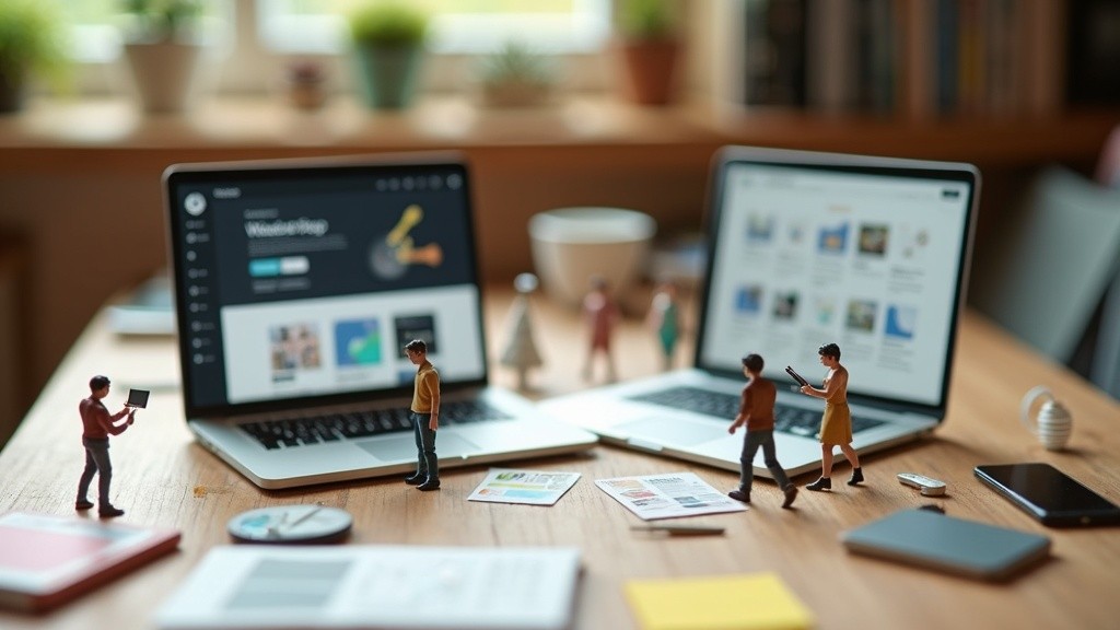 Tiny designers compare Framer and Webflow on a miniature workspace with model screens, filter panels, and CMS blocks.