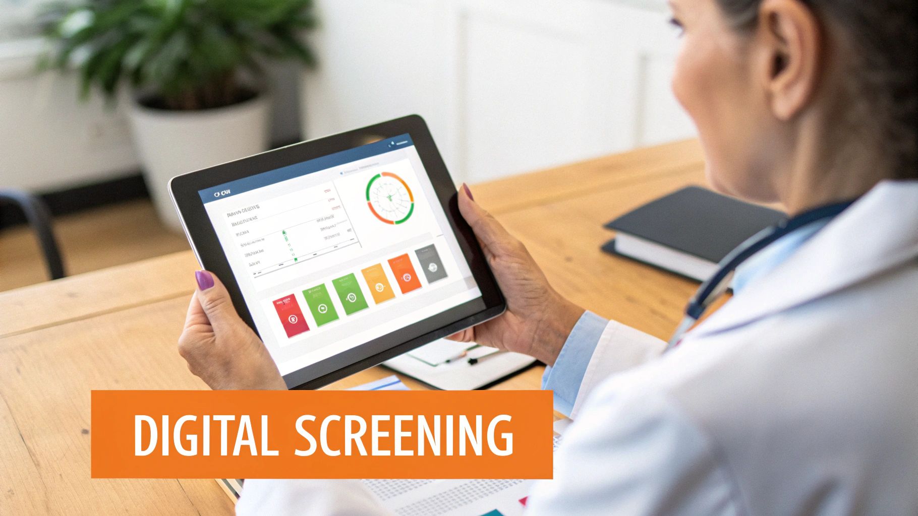 A healthcare professional holds a tablet displaying a digital health screening dashboard.