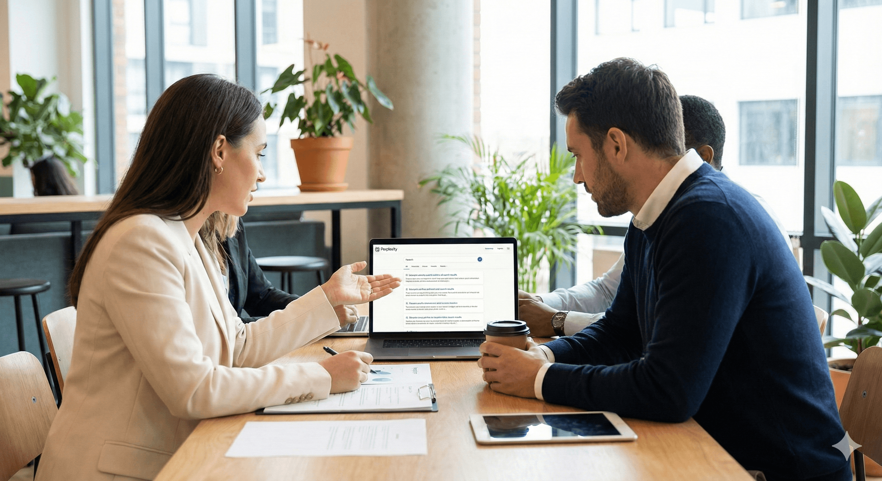 A group of professionals engaged in a discussion around a laptop screen displaying a report, set in a modern office with large windows and plants, illustrating collaboration in enterprise AI and digital strategy transformation.