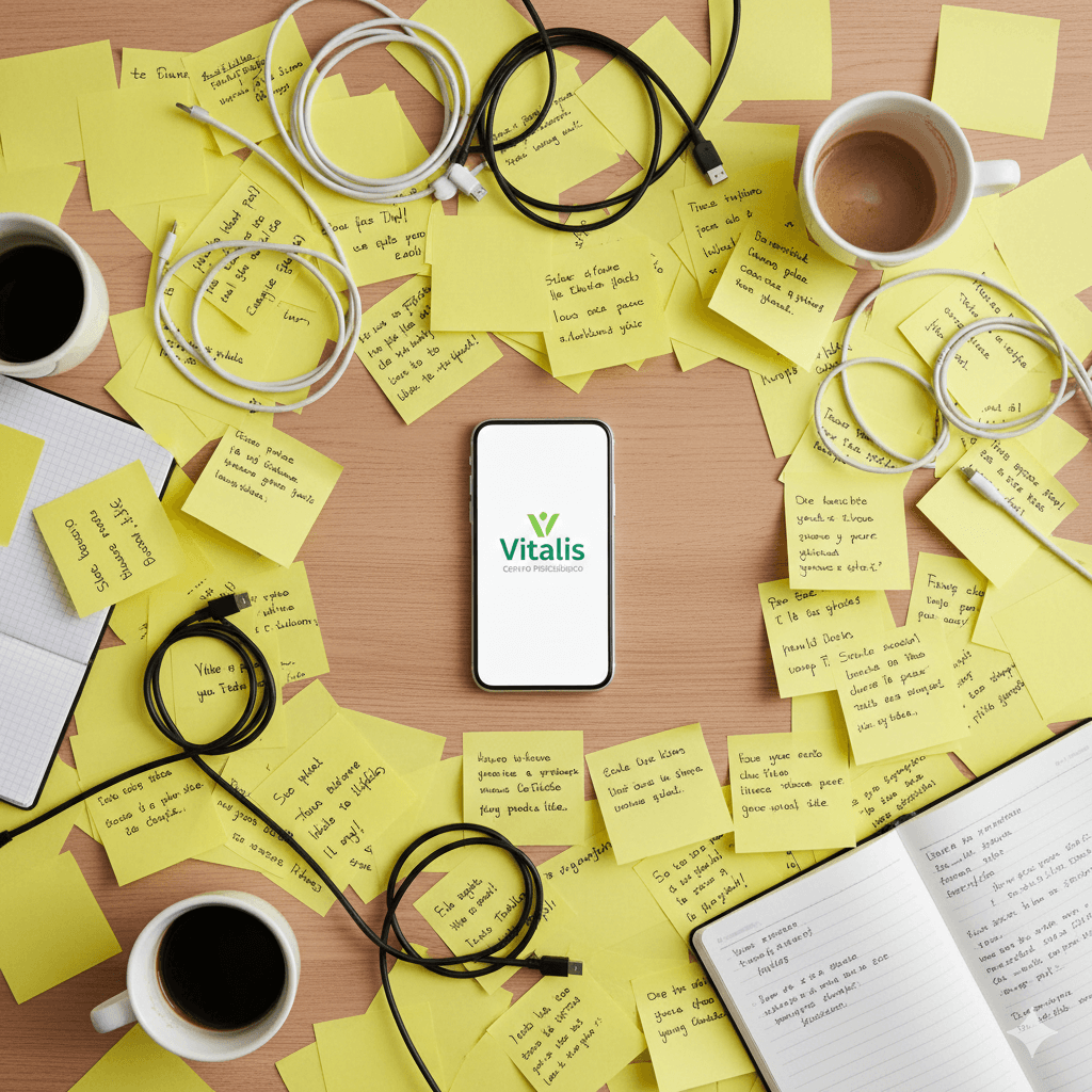 Escritorio desordenado con laptop y sticker de Centro Vitalis.