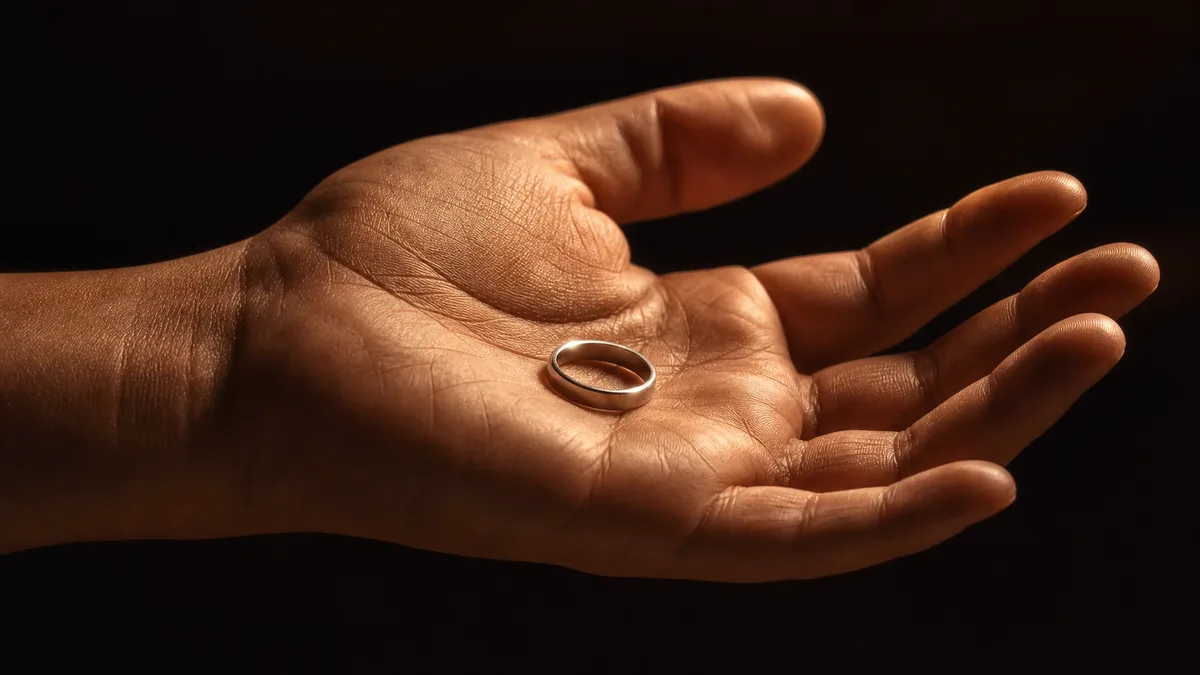 A plain silver ring resting in an open palm under a narrow beam of warm light